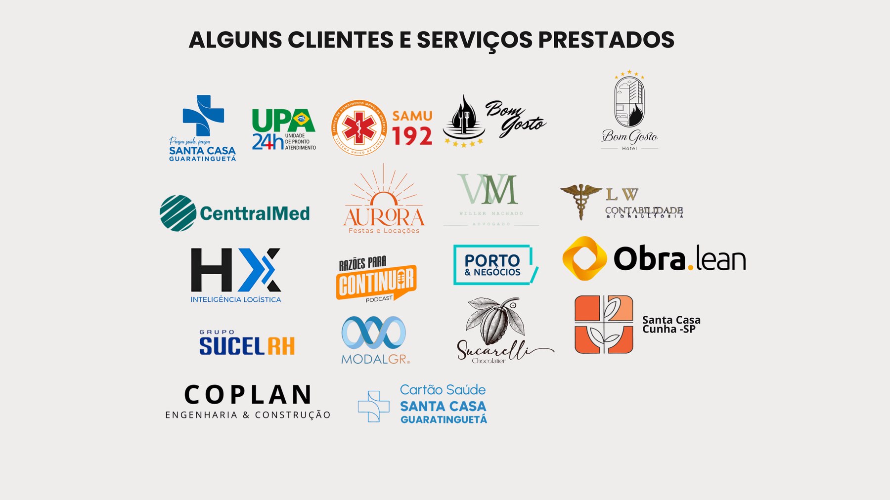 Alguns clientes e serviços prestados pela Ideal Solution: Santa Casa Guaratinguetá, UPA 24h, SAMU 192, Bom Gosto, CenttralMed, Aurora Festas, Willer Machado Advogado, LW Contabilidade, Grupo Sucel RH, Razões para Continuar Podcast, Porto & Negócios, Obra.lean, Sucarelli Chocolatier, ModalGR, Santa Casa Cunha-SP